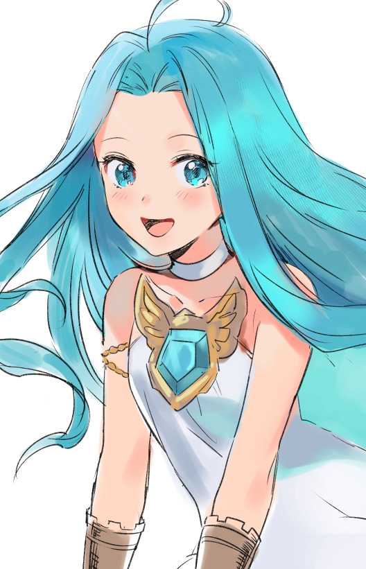 1girl :d ahoge blue_eyes blue_hair blush choker collarbone dress floating_hair granblue_fantasy hair_intakes long_hair looking_at_viewer lyria_(granblue_fantasy) open_mouth simple_background sketch sleeveless sleeveless_dress smile solo strapless strapless_dress tki upper_body very_long_hair white_background white_dress