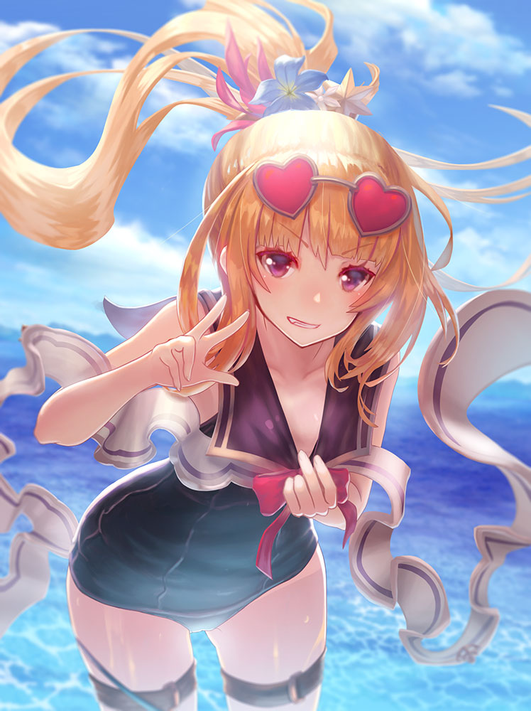 1girl bangs black_sailor_collar black_swimsuit blonde_hair blue_flower blue_sky blurry blurry_background cagliostro_(granblue_fantasy) cloud collarbone cowboy_shot eyebrows_visible_through_hair fang flat_chest floating_hair flower granblue_fantasy grin hair_flower hair_ornament heart heart-shaped_eyewear leaning_forward long_hair looking_at_viewer ocean one-piece_swimsuit ponytail pulled_by_self purple_eyes red-framed_eyewear sailor_collar shiny shiny_hair shiny_skin sky smile solo standing sunglasses swimsuit swimsuit_pull tanaka_ken'ichi thigh_strap v-shaped_eyebrows very_long_hair w