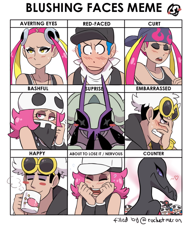 2boys 2girls bandana baseball_cap black_bandana black_headwear blush blush_stickers closed_eyes commentary creature crossed_arms cup embarrassed english_commentary expressions eyeshadow face facepalm furrowed_eyebrows gen_3_pokemon gen_7_pokemon golisopod happy hat heart heart_eyes holding holding_cup long_hair looking_at_another looking_at_viewer makeup medium_hair mug multiple_boys multiple_girls pink_eyes pink_hair plumeri_(pokemon) plumeria pokemon pokemon_(creature) pokemon_(game) pokemon_sm punk_girl_(pokemon) punk_guy_(pokemon) purple_eyes rocketmeron salandit salazzle simple_background skitty sleeveless steam sunglasses team_skull team_skull_grunt team_skull_uniform white_background white_hair white_headwear yellow_eyes