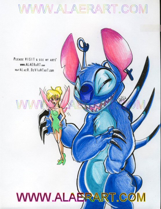 2006 4_arms alaer alien ambiguous_gender antennae_(anatomy) back_markings back_spines black_claws blonde_hair blue_body blue_fur blue_nose butt butt_markings chest_tuft claws clothed clothing crossover dipstick_antennae disney distracting_watermark dress duo english_text experiment_(lilo_and_stitch) extremely_distracting_watermark fairy female flying footwear fur green_clothing green_dress green_footwear green_shoes grin hair hands_on_hips head_tuft larger_ambiguous lilo_and_stitch looking_back markings multi_arm multi_limb multicolored_antennae narrowed_eyes notched_ear pink_wings shoes simple_background size_difference smaller_female smile squint standing stitch_(lilo_and_stitch) text tinkerbell traditional_media_(artwork) tuft url watermark white_background wings