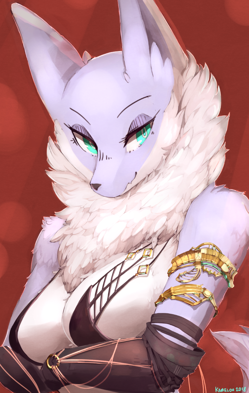 2018 anthro armlet armwear bikini bikini_top breasts bust_portrait canid canine chest_tuft clothed clothing elbow_gloves eyelashes female fluffy fox fur gloves handwear hi_res kameloh kemono looking_at_viewer mammal multicolored_body multicolored_fur neck_tuft portrait purple_body purple_fur shoulder_tuft smile solo swimwear teal_eyes tuft two_tone_body two_tone_fur white_body white_fur