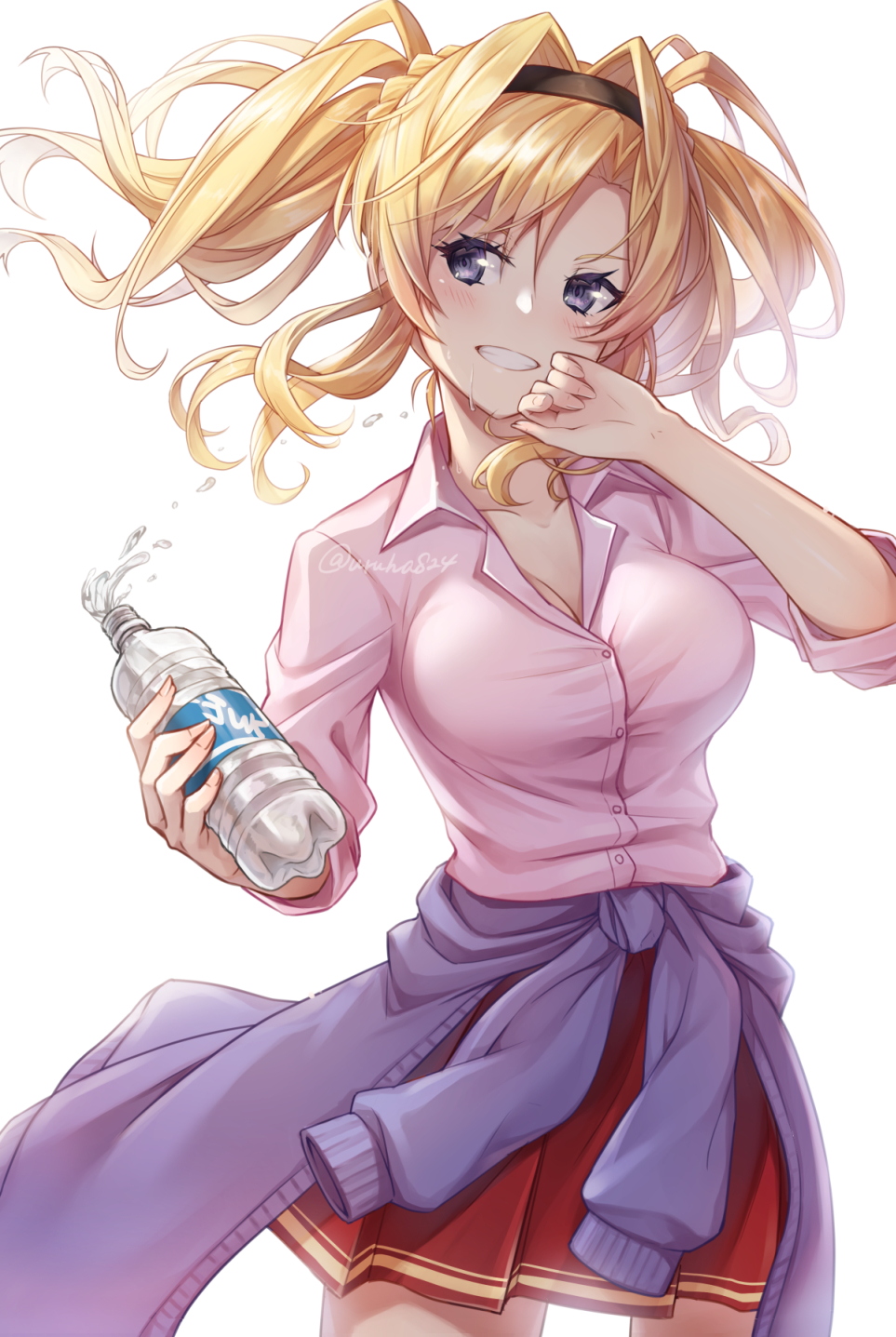 1girl blonde_hair blue_eyes bottle breasts clothes_around_waist granblue_fantasy grin hairband highres large_breasts pleated_skirt skirt smile twintails twitter_username uruha_(yw1109) water water_bottle white_background zeta_(granblue_fantasy)