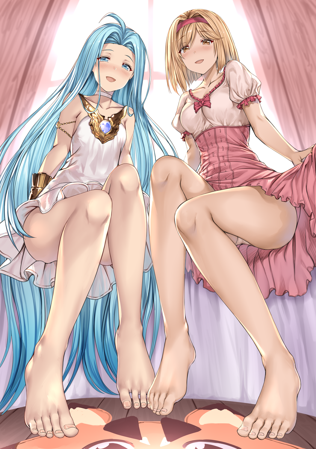 2girls aldehyde bangs barefoot blonde_hair blue_eyes blue_hair blush breasts brown_eyes djeeta_(granblue_fantasy) granblue_fantasy highres legs long_hair looking_at_viewer lyria_(granblue_fantasy) medium_breasts multiple_girls open_mouth short_hair sitting small_breasts smile very_long_hair