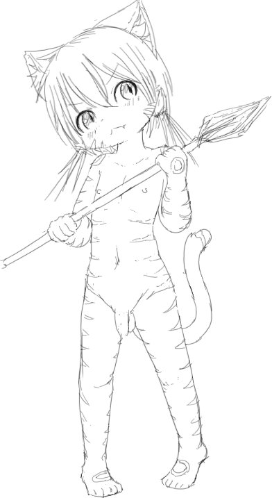 anthro balls cub domestic_cat fangs felid feline felis flaccid genitals girly humanoid_genitalia humanoid_penis kemono male mammal mcsadat melee_weapon monochrome nipples nude penis polearm solo spear standing stripes tribal weapon young