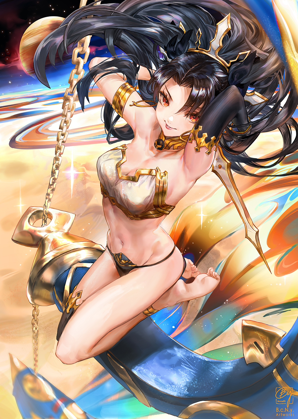 1girl anklet armlet armpits arms_behind_head arms_up asymmetrical_legwear asymmetrical_sleeves b.c.n.y. bangs bare_shoulders black_bikini_bottom black_hair breasts bridal_gauntlets chain cleavage collarbone detached_sleeves earrings fate/grand_order fate_(series) feet gold_trim heavenly_boat_maanna highres hoop_earrings ishtar_(fate)_(all) ishtar_(fate/grand_order) jewelry large_breasts long_hair looking_at_viewer navel neck_ring parted_bangs parted_lips red_eyes single_detached_sleeve single_thighhigh smile soles solo space star_(sky) sword thighhighs thighs tiara toeless_legwear toes two_side_up weapon white_bikini_top