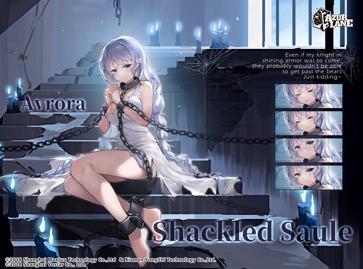 1girl alternate_costume areola_slip areolae avrora_(azur_lane) avrora_(shackled_saule)_(azur_lane) azur_lane bare_shoulders barefoot blue_eyes blush bound braid breasts bruise candle chain commentary cuffs dress dungeon english_commentary english_text expression_chart feet full_body hands_together injury kaede_(003591163) large_breasts logo long_hair looking_at_viewer official_art shackles silk sitting solo spider_web stairs torn_clothes torn_dress twin_braids very_long_hair watermark white_dress
