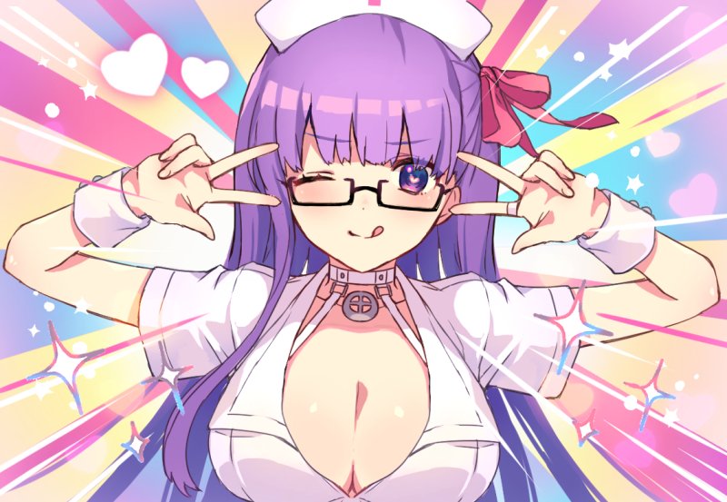 1girl bangs bb_(fate)_(all) bb_(fate/extra_ccc) bb_shot! black-framed_eyewear blush breasts choker cleavage closed_mouth collarbone double_w dress emotional_engine_-_full_drive fate/extra fate/extra_ccc fate/grand_order fate_(series) glasses hair_ribbon hands_up hat heart heart-shaped_pupils large_breasts licking_lips long_hair looking_at_viewer nurse nurse_cap one_eye_closed parody partially_unbuttoned pink_ribbon purple_eyes purple_hair rainbow_background ribbon sei_shounagon_(fate) semi-rimless_eyewear short_sleeves smile solo sparkle symbol-shaped_pupils tongue tongue_out very_long_hair vivivivi w white_choker white_dress white_headwear wrist_cuffs