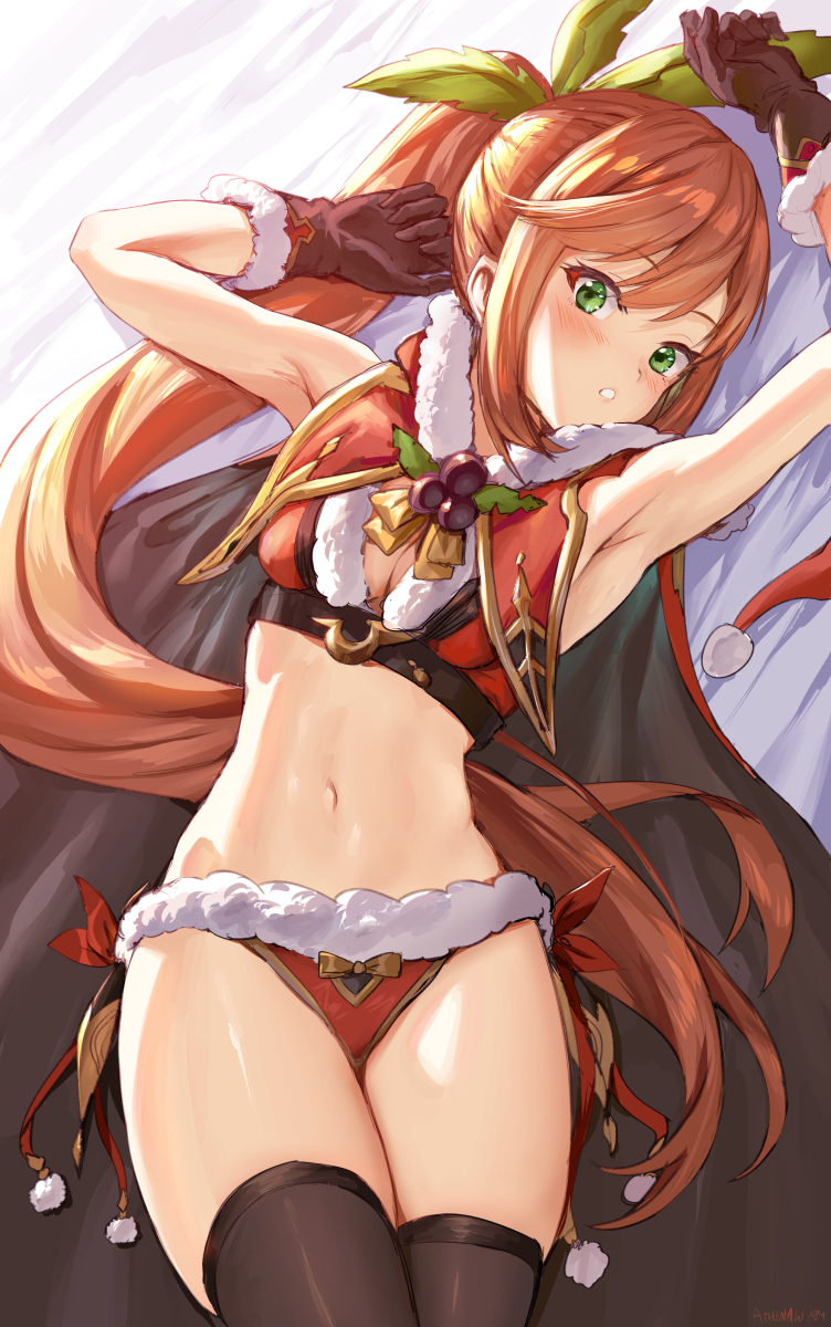 1girl :o armpits arms_up athenawyrm bare_shoulders bed_sheet bikini black_gloves black_legwear blush breasts cape clarisse_(granblue_fantasy) cleavage eyebrows_visible_through_hair feathers fur-trimmed_bikini fur-trimmed_cape fur-trimmed_gloves fur_trim gloves granblue_fantasy green_eyes hair_feathers highres holly long_hair looking_at_viewer lying medium_breasts navel on_back orange_hair parted_lips ponytail red_bikini red_cape red_ribbon ribbon side-tie_bikini sidelocks solo stomach swimsuit thighhighs very_long_hair