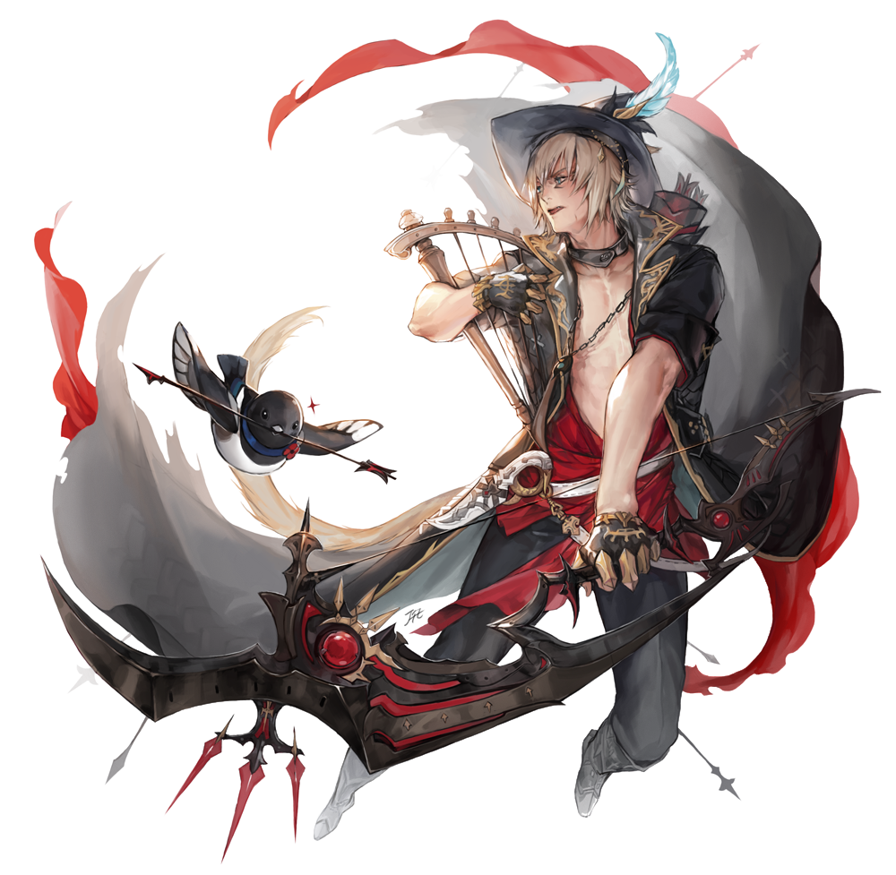 1boy abs animal animal_ears arrow bard_(final_fantasy) bird blonde_hair bow_(weapon) cat_boy cat_ears cat_tail chest coat collar ears_through_headwear fang feathers fictional_persona final_fantasy final_fantasy_xiv full_body gloves harp hat hat_feather holding holding_bow_(weapon) holding_instrument holding_weapon instrument jit knife looking_to_the_side male_focus midair miqo'te open_clothes open_coat open_mouth outstretched_arm pants short_hair short_sleeves simple_background stomach tail toned toned_male weapon white_background