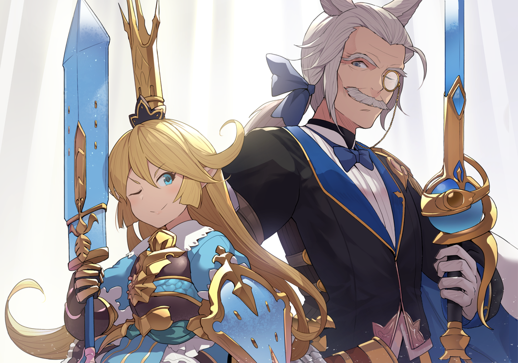 1boy 1girl animal_ears blonde_hair blue_bow blue_eyes bow bowtie breastplate charlotta_fenia erune facial_hair granblue_fantasy harvin hinami_(hinatamizu) holding holding_sword holding_weapon long_hair monocle mustache one_eye_closed pointy_ears ponytail sevastian_(granblue_fantasy) smile sword tall_crown upper_body weapon white_eyes white_hair