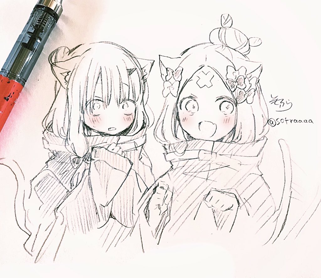 2girls :d abigail_williams_(fate/grand_order) abigail_williams_(fate/grand_order)_(cosplay) afterimage animal_ear_fluff animal_ears bangs blush bow cat_ears cat_girl cat_tail cosplay cropped_torso crossed_bandaids fang fate/grand_order fate_(series) hair_bow hair_bun hands_up heroic_spirit_festival_outfit kemonomimi_mode lavinia_whateley_(fate/grand_order) long_sleeves looking_at_viewer multiple_girls open_mouth parted_bangs parted_lips paw_pose photo signature sleeves_past_wrists smile sofra tail tail_wagging traditional_media twitter_username upper_body