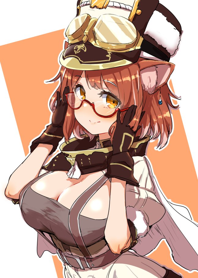 1girl adjusting_eyewear belt breasts brown_hair clearite cleavage glasses gloves googles hat large_breasts looking_at_viewer nijisanji ratna_petit red-framed_eyewear semi-rimless_eyewear short_hair simple_background smile solo under-rim_eyewear virtual_youtuber yellow_eyes