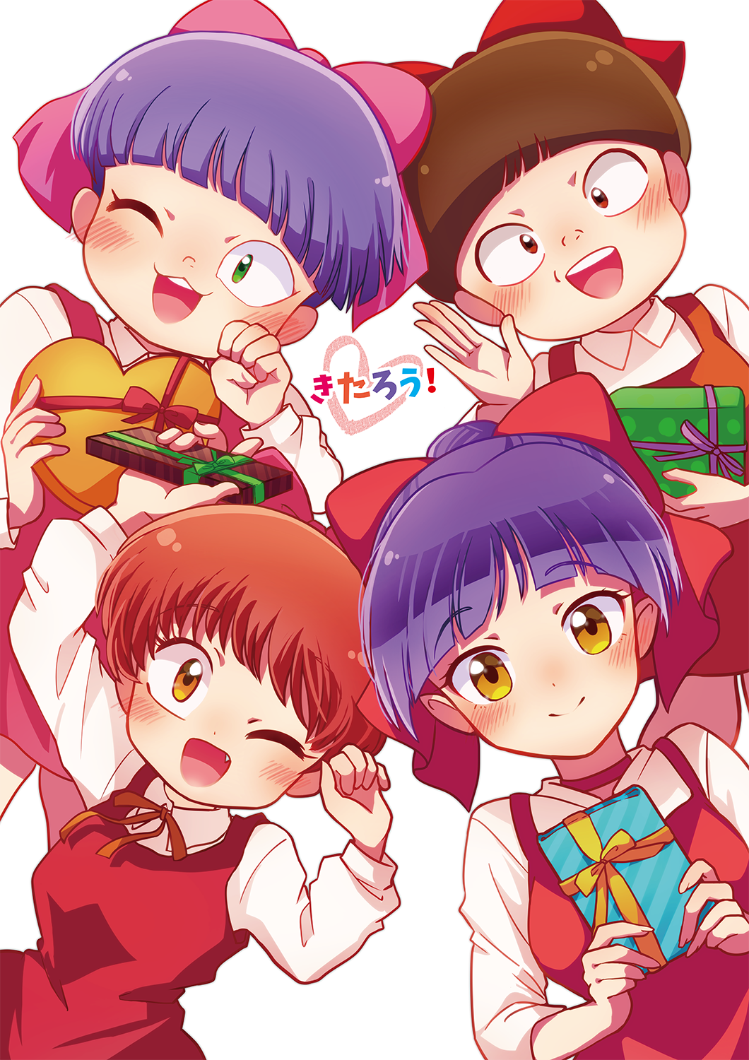 4girls ;d bangs blush bow brown_hair choker closed_mouth commentary_request eyebrows_visible_through_hair fang gegege_no_kitarou gift green_eyes hair_bow highres himeno_ktnk holding holding_gift long_sleeves looking_at_viewer multiple_girls nekomusume nekomusume_(gegege_no_kitarou_3) nekomusume_(gegege_no_kitarou_4) nekomusume_(gegege_no_kitarou_5) nekomusume_(gegege_no_kitarou_6) one_eye_closed open_mouth pink_bow purple_hair red_bow red_choker red_eyes red_hair short_hair simple_background smile valentine white_background yellow_eyes