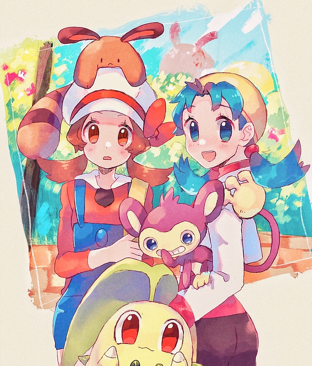 :3 :d aipom bangs blue_hair blue_overalls blush brown_hair chikorita closed_mouth creature crystal_(pokemon) flat_chest gen_2_pokemon happy highres kotone_(pokemon) looking_at_viewer medium_hair mu_acrt open_mouth overalls pokemon pokemon_(creature) pokemon_(game) pokemon_gsc pokemon_hgss red_eyes sentret sidelocks smile standing tree twintails upper_body