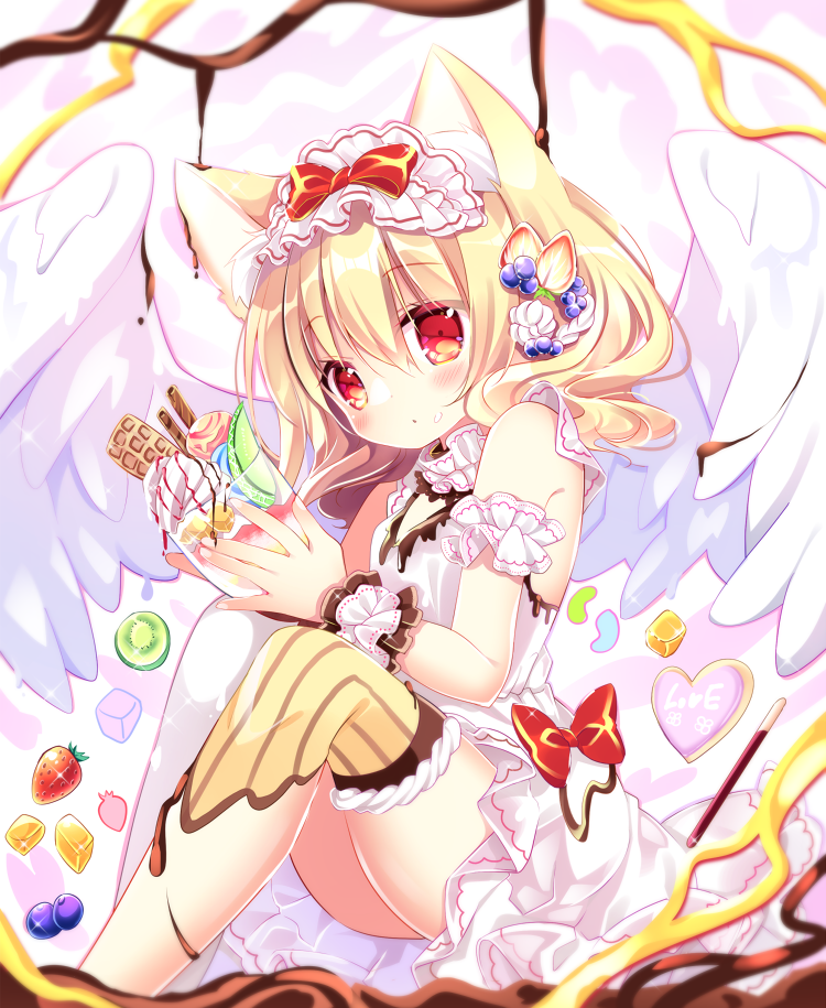 1girl angel_wings animal_ear_fluff animal_ears bangs bare_shoulders blonde_hair blurry blurry_foreground blush bow breasts cat_ears closed_mouth commentary_request depth_of_field dress eyebrows_visible_through_hair feathered_wings food food_themed_clothes fruit hair_between_eyes heart holding kiwi_slice long_hair looking_at_viewer moe2020 original parfait pocky red_bow red_eyes shikito single_thighhigh sleeveless sleeveless_dress small_breasts solo strawberry thighhighs white_dress white_legwear white_wings wings wrist_cuffs