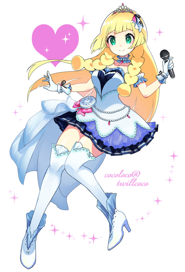 1girl blonde_hair clock cosplay crossover detached_collar dress full_body green_eyes heart high_heels holding holding_microphone idol idolmaster idolmaster_cinderella_girls idolmaster_cinderella_girls_starlight_stage jewelry kokoroko lillie_(pokemon) long_hair microphone necklace parody pearl_necklace pink_heart pokemon pokemon_(game) pokemon_sm simple_background solo starry_sky_bright tiara twitter_username white_background white_dress