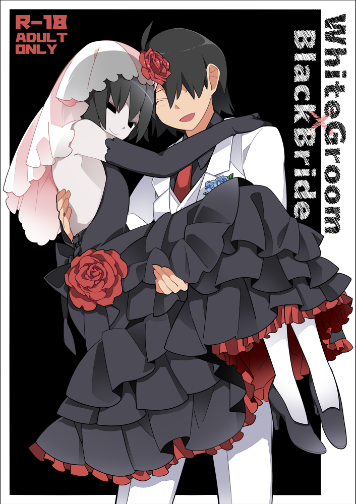 1boy 1girl ahoge araragi_koyomi bare_back bare_shoulders black_dress black_eyes black_gloves black_hair black_shirt black_wedding_dress blue_flower bob_cut bridal_veil bride carrying closed_eyes commentary_request corsage cover cover_page dress dress_shirt elbow_gloves empty_eyes flower formal frilled_dress frills gloves groom hammer_(sunset_beach) hand_on_another's_back hand_on_another's_shoulder high_heels holding_person light_smile long_skirt looking_at_viewer monogatari_(series) necktie oshino_ougi pale_skin pantyhose princess_carry red_flower red_neckwear shirt shoes short_hair skirt smile suit veil waistcoat wedding wedding_dress white_legwear white_suit