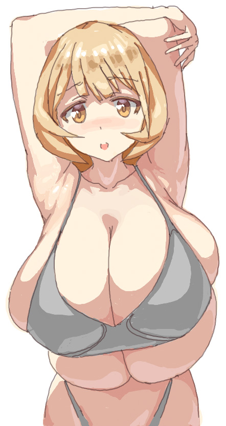 1girl arms_behind_back breasts brown_eyes brown_hair cleavage grey_swimsuit hair_ornament hairclip highleg_bikini_bottom huge_breasts kasutaso looking_at_viewer narusawa_ryouka occultic;nine open_mouth short_hair simple_background solo swimsuit white_background