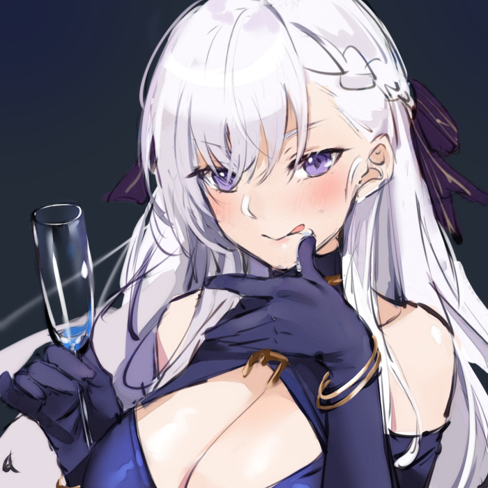 1girl alcohol azur_lane bangs bare_shoulders belfast_(the_noble_attendant)_(azur_lane) black_background blush braid breasts champagne champagne_flute cleavage_cutout cup drinking_glass french_braid gloves gold hair_between_eyes halter_dress holding holding_cup large_breasts licking_lips long_hair looking_at_viewer mamemena purple_eyes purple_gloves silver_hair tongue tongue_out upper_body