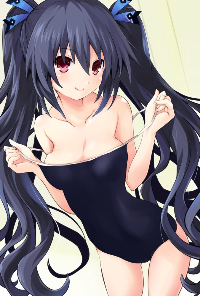 1girl adjusting_clothes adjusting_swimsuit black_hair black_school_swimsuit blush commentary_request eyebrows_visible_through_hair iwasi-r looking_at_viewer neptune_(series) noire one-piece_swimsuit red_eyes school_swimsuit smile solo swimsuit twintails