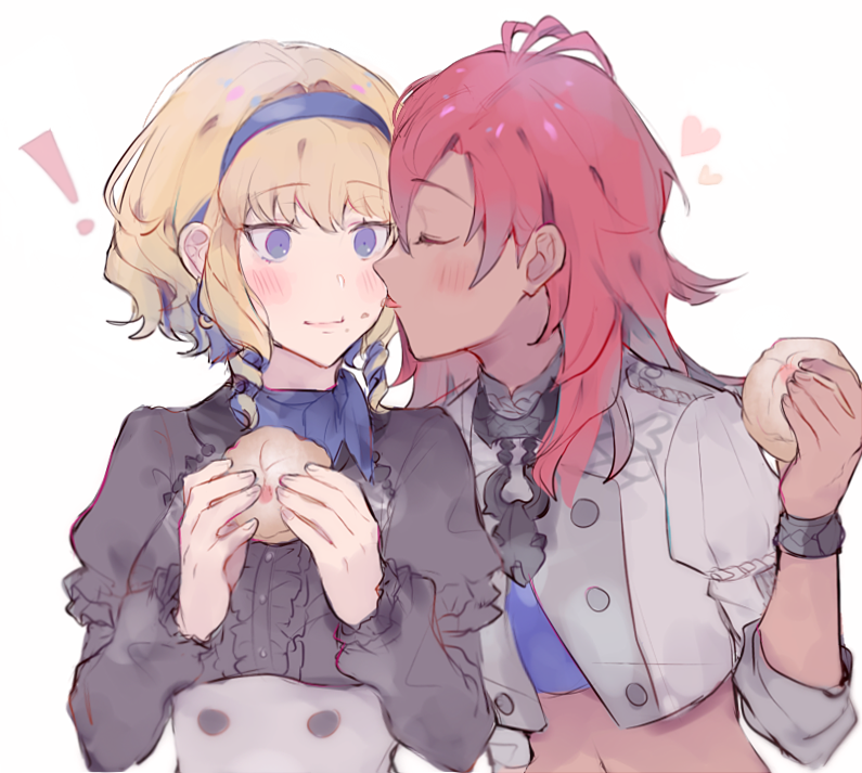 2girls blonde_hair blue_eyes blue_hairband blush closed_eyes closed_mouth constance_von_nuvelle dark_skin earrings fire_emblem fire_emblem:_three_houses food food_on_face garreg_mach_monastery_uniform hairband hapi_(fire_emblem) holding jewelry kvlen licking long_sleeves multicolored_hair multiple_girls purple_hair red_hair short_hair simple_background uniform upper_body white_background yuri