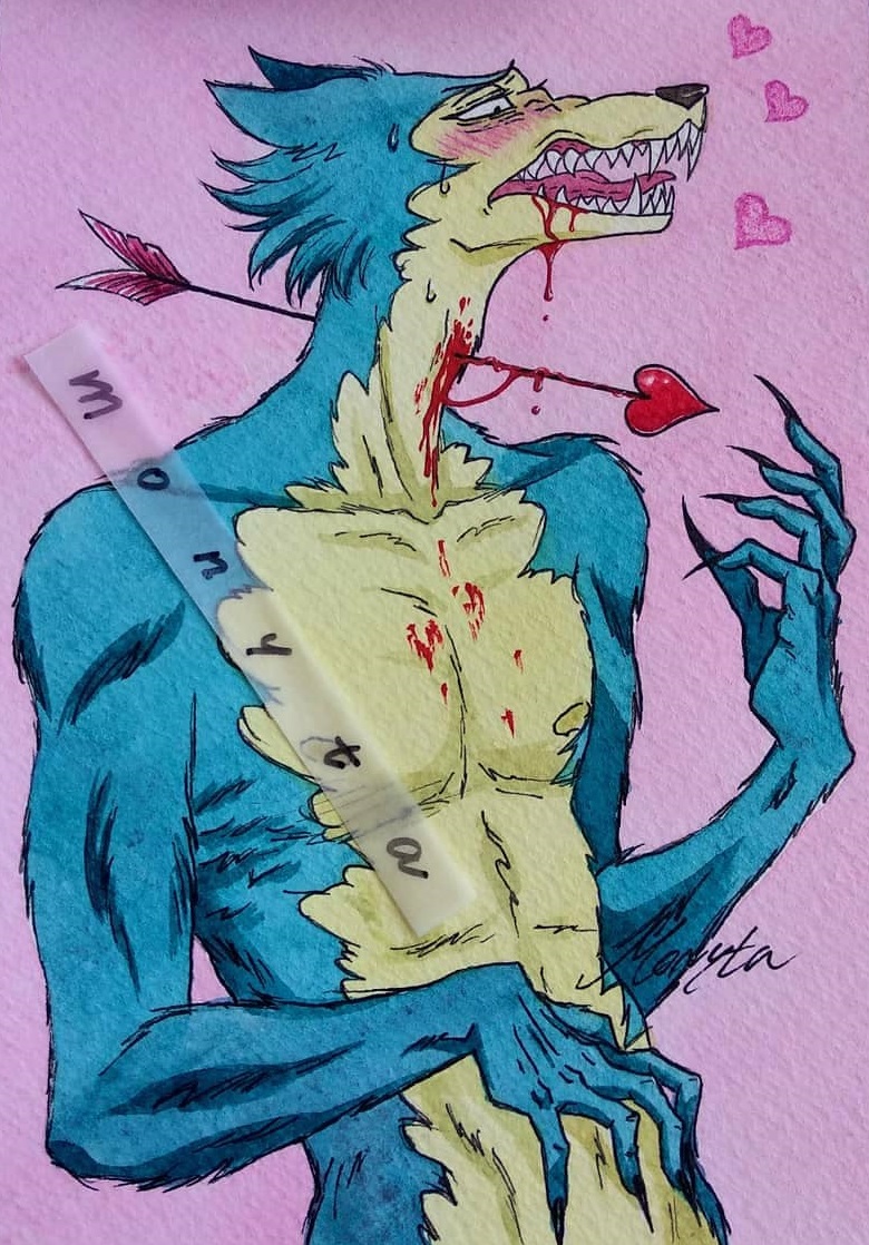 &lt;3 anthro arrow athletic beastars blood blood_from_mouth blood_string blue_body blue_fur blush bodily_fluids canid canine canis claws cupid's_arrow fangs fur gore legoshi_(beastars) male mammal monyta_art28 multicolored_body multicolored_fur narrowed_eyes nude open_mouth pain pecs pink_background signature simple_background solo sweat sweatdrop tan_body tan_fur two_tone_body two_tone_fur watermark wolf wounded
