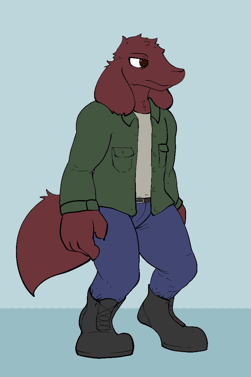 2020 2:3 alien anthro belt biped boots bottomwear canid canine clothing digital_media_(artwork) digitigrade fluffy fluffy_tail footwear full-length_portrait hi_res jacket jeans kitol lagotrope long_ears male mammal neumono pants portrait shirt simple_background solo standing tired topwear