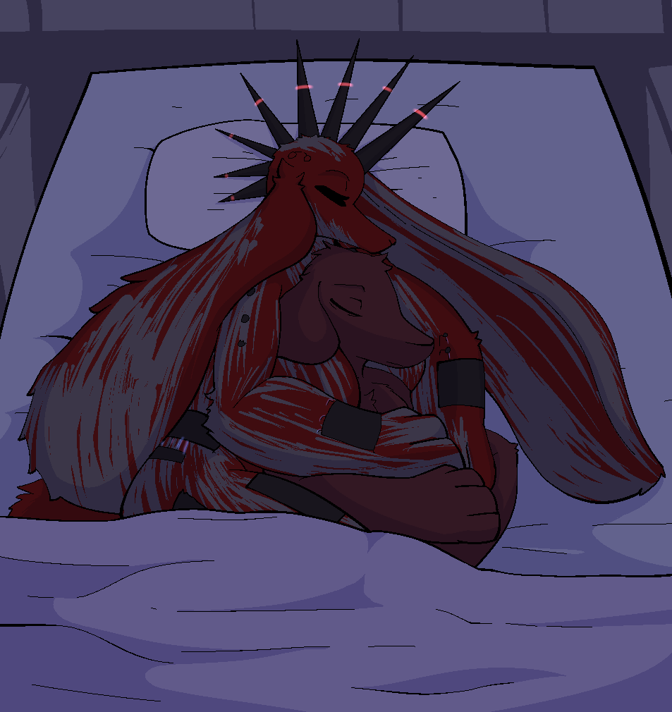 2020 alien anthro bed bodypaint breasts canid canine cybernetics digital_media_(artwork) duo female fluffy full-length_portrait furniture hug inside kitol lagotrope long_ears machine male mammal mohawk_(hairstyle) muscular neumono nude on_bed portrait sleeping spooning under_covers