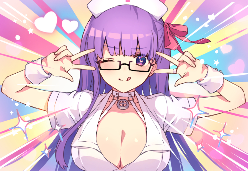 1girl bangs bb_(fate)_(all) bb_(fate/extra_ccc) bb_shot! black-framed_eyewear blush breasts choker cleavage closed_mouth collarbone double_w dress emotional_engine_-_full_drive fate/extra fate/extra_ccc fate/grand_order fate_(series) glasses hair_ribbon hands_up hat heart heart-shaped_pupils large_breasts licking_lips long_hair looking_at_viewer nurse nurse_cap one_eye_closed parody partially_unbuttoned pink_ribbon purple_eyes purple_hair rainbow_background ribbon semi-rimless_eyewear short_sleeves smile solo sparkle symbol-shaped_pupils tongue tongue_out very_long_hair vivivivi w white_choker white_dress white_headwear wrist_cuffs