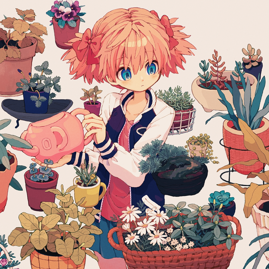 1girl bangs basket blue_eyes blue_skirt closed_mouth collarbone cowboy_shot cup daisy dot_nose expressionless eyebrows_visible_through_hair flower flower_basket flower_pot grey_background hair_between_eyes hair_ornament hair_ribbon hands_up holding holding_watering_can jacket ka_(marukogedago) long_sleeves looking_away looking_to_the_side mug muted_color open_clothes open_jacket original pink_hair pink_shirt plant pleated_skirt puffy_sleeves purple_flower red_ribbon ribbon shirt short_hair short_twintails simple_background skirt sleeve_cuffs solo tareme twintails watering_can white_flower
