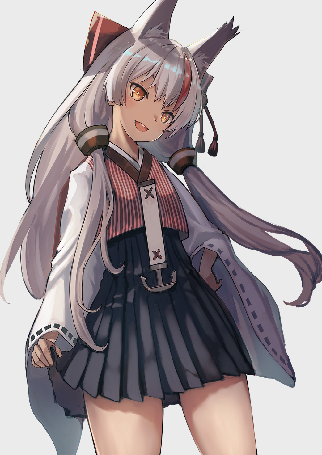 1girl :d animal_ears azur_lane black_skirt bow brown_eyes commentary_request cowboy_shot fox_ears grey_hair hair_bow hair_ornament hakama_skirt hand_on_hip head_tilt high-waist_skirt highres kamikaze_(azur_lane) long_hair looking_at_viewer multicolored_hair open_mouth shirt simple_background skirt smile solo standing streaked_hair striped white_background wide_sleeves yu_ni_t