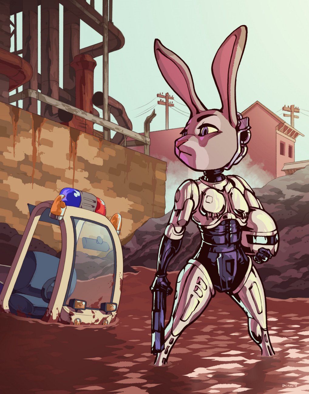 2020 anthro armor clothed clothing crossover cybernetics cyborg detailed_background dipstick_ears disney dkirbyj fur grey_body grey_fur hi_res holding_object judy_hopps lagomorph leporid machine mammal multicolored_ears outside pink_nose purple_eyes rabbit robocop robocop_(franchise) solo standing vehicle zootopia