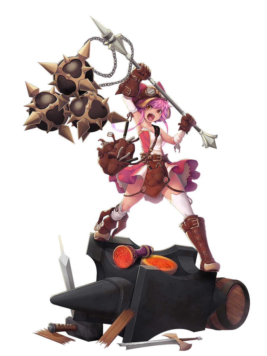 1girl animal_ears animal_hat anvil arm_up asymmetrical_legwear bag barrel boots breasts broken broken_sword broken_weapon brown_footwear brown_gloves detached_sleeves dress fake_animal_ears gloves goggles goggles_on_headwear hammer hand_up hat highres holding holding_weapon knee_boots koflif long_hair long_sleeves looking_at_viewer original pink_hair red_dress red_eyes red_headwear shoulder_bag sidelocks simple_background small_breasts solo standing strapless strapless_dress sword thighhighs thighhighs_pull weapon white_background white_legwear white_sleeves