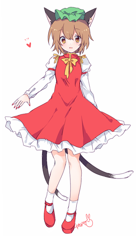 1girl animal_ears blush bobby_socks bow bowtie brown_hair cat_ears cat_tail chen dress fingernails frilled_skirt frills full_body green_headwear hat heart jewelry long_sleeves mob_cap multiple_tails nail_polish nekomata pillow_hat red_dress red_footwear red_skirt ribbon-trimmed_sleeves ribbon_trim short_hair simple_background single_earring skirt socks solo tail touhou two_tails white_background white_legwear yellow_neckwear yukimiya_(parupunta)