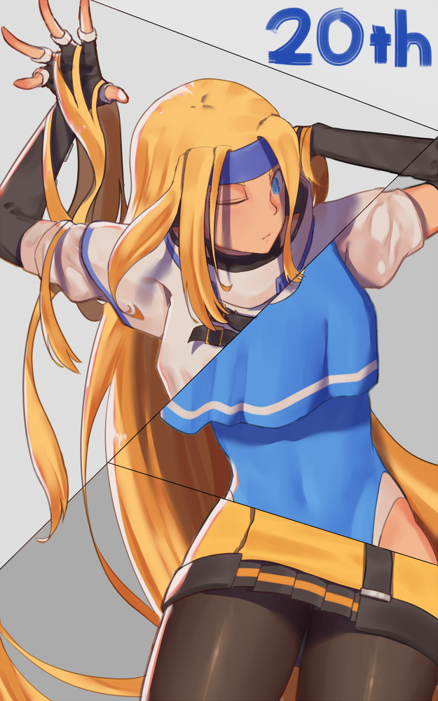 1girl absurdly_long_hair alternate_costume anniversary black_gloves black_legwear black_skirt blonde_hair blue_dress blue_eyes blue_headband blue_swimsuit breasts commentary covered_navel dress elbow_gloves english_commentary fingerless_gloves gloves guilty_gear guilty_gear_xrd guilty_gear_xx headband jacket long_hair medium_breasts millia_rage one_eye_closed pantyhose pleated_skirt skirt solo suwaiya swimsuit tagme very_long_hair yellow_jacket