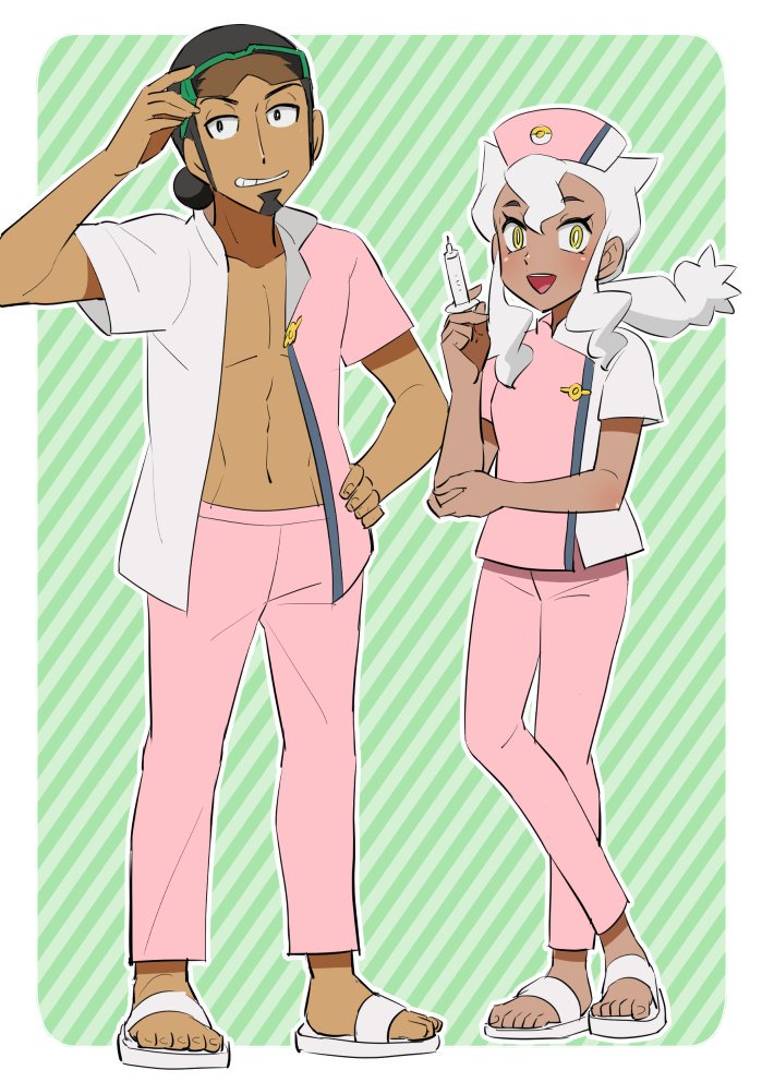 1boy 1girl black_hair burnet_(pokemon) dark_skin dark_skinned_male djmn_c green_background hat holding holding_syringe kukui_(pokemon) long_hair nurse nurse_cap open_clothes open_shirt pants pink_pants pokemon pokemon_(anime) pokemon_sm_(anime) sandals striped striped_background syringe two-tone_shirt white_hair