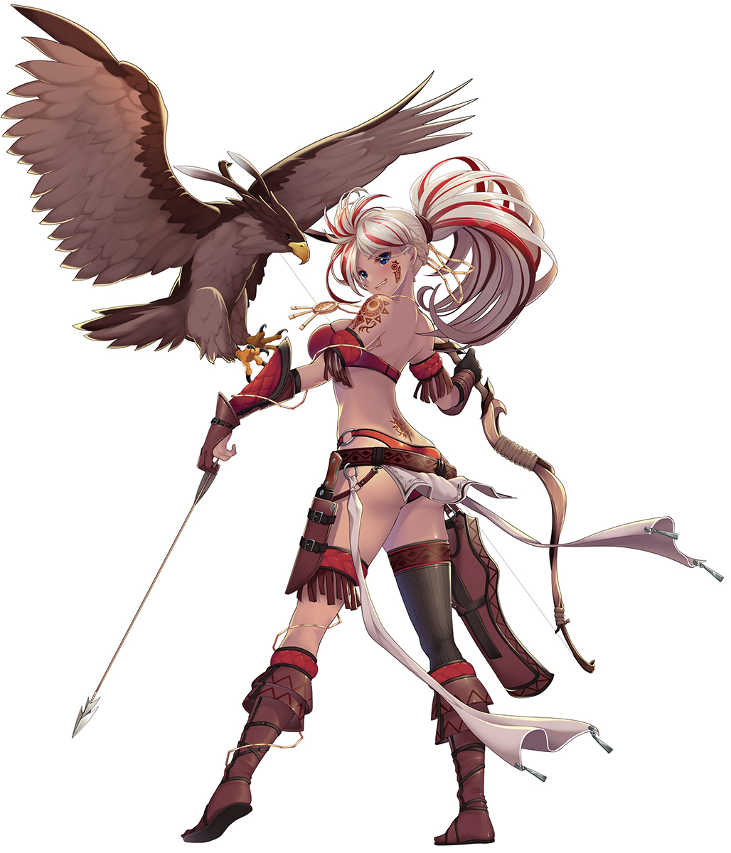 1girl animal arm_tattoo arrow ass belt between_fingers bikini bird black_gloves black_legwear blue_eyes blush boots bow_(weapon) braid breasts brown_belt brown_footwear brown_gloves dark_skin facial_mark full_body gloves grin highres holding holding_arrow holding_bow_(weapon) holding_weapon holster knee_boots knife koflif large_breasts long_hair mismatched_gloves multicolored_hair original partly_fingerless_gloves ponytail red_bikini red_hair shoe_soles simple_background single_thighhigh skindentation smile solo standing streaked_hair swimsuit tattoo thighhighs thighhighs_under_boots weapon white_background white_hair yugake