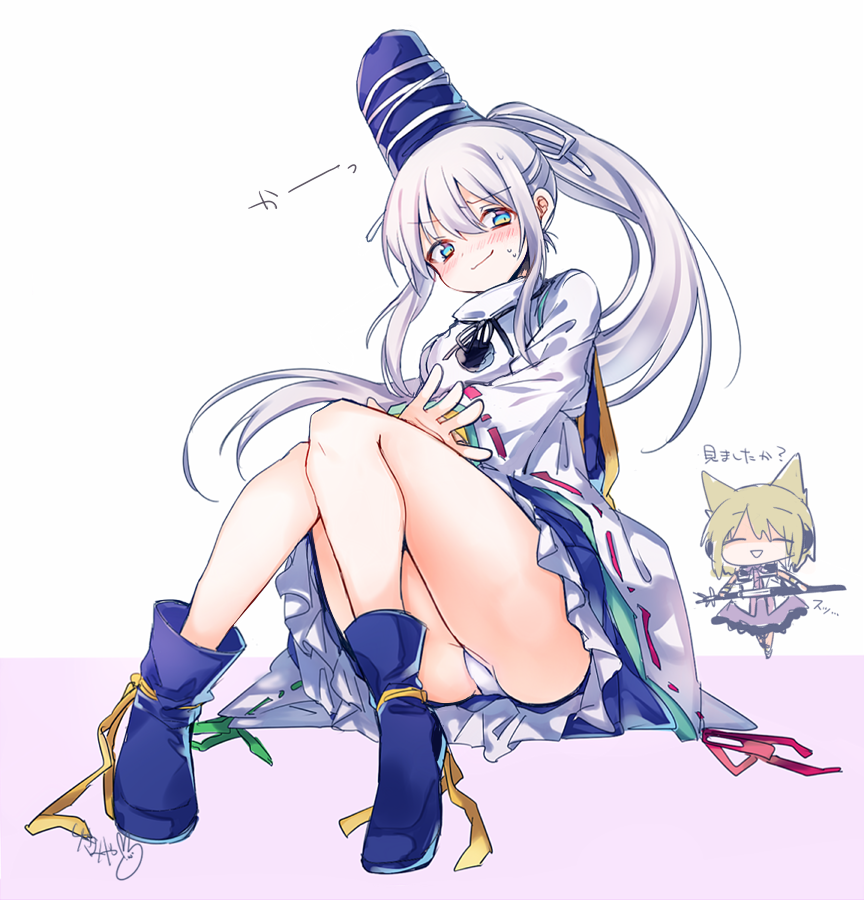 aqua_eyes blush bow dress earmuffs eyebrows_visible_through_hair frilled_skirt frills green_bow grey_hair hat headphones japanese_clothes kariginu long_sleeves mononobe_no_futo panties pantyshot pantyshot_(sitting) pointy_hair pom_pom_(clothes) ponytail purple_dress red_bow ritual_baton silver_hair sitting skirt sweatdrop sword tabi tate_eboshi touhou toyosatomimi_no_miko underwear weapon white_bow wide_sleeves yellow_bow yukimiya_(parupunta)