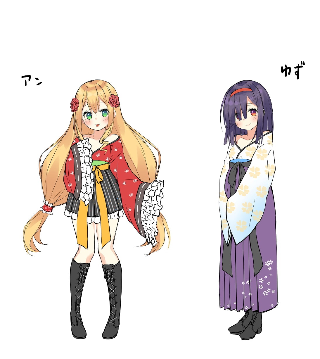 2girls asa_no_ha black_footwear black_hair blonde_hair blush boots cross-laced_footwear flower frills green_eyes hair_flower hair_ornament hair_over_one_eye hairband highres japanese_clothes kimono knee_boots long_hair looking_at_viewer multiple_girls official_art original simple_background standing tongue tongue_out very_long_hair white_background