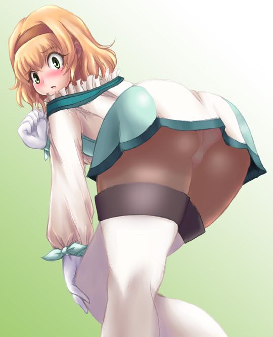 ass bent_over blonde_hair green_eyes hairband kihaiu natalia_luzu_kimlasca_lanvaldear panties panties_under_pantyhose pantyhose short_hair tales_of_(series) tales_of_the_abyss thighhighs underwear