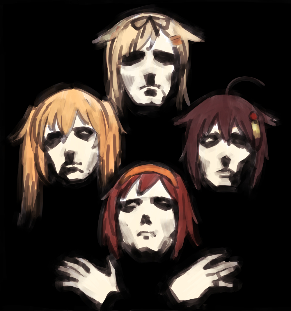 4girls bad_id bad_twitter_id black_background blonde_hair bohemian_rhapsody brown_hair commentary_request crossed_arms hair_ornament hair_tie hairband kantai_collection multiple_girls murasame_(kantai_collection) orange_hair parody queen_(band) red_hair shigure_(kantai_collection) shiratsuyu_(kantai_collection) twintails umakuchi_shouyu yuudachi_(kantai_collection)