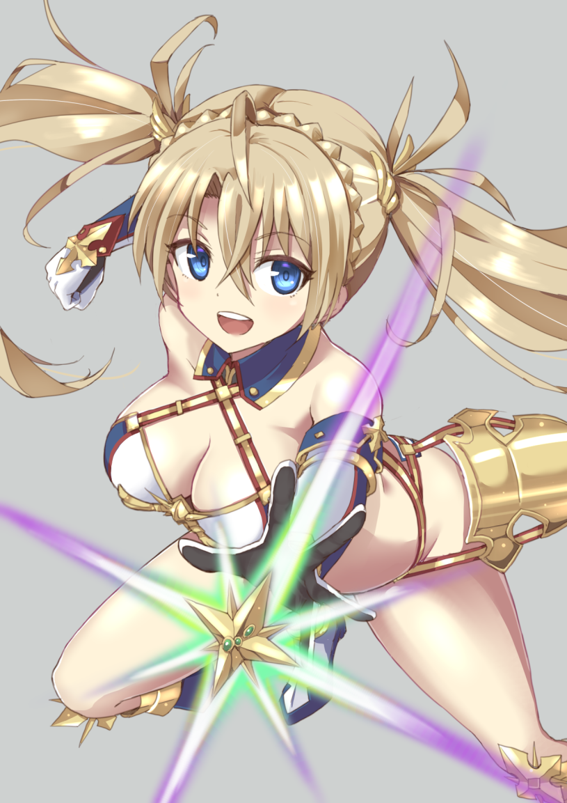 1girl bangs bare_shoulders bikini blonde_hair blue_bikini blue_eyes blush boots bradamante_(fate/grand_order) braid breasts cleavage crown_braid elbow_gloves energy_shield fate/grand_order fate_(series) faulds gloves grey_background hair_between_eyes hair_ornament knee_boots large_breasts long_hair looking_at_viewer open_mouth outstretched_arm simple_background smile solo swimsuit thigh_strap thighs twintails two-tone_bikini very_long_hair white_bikini xiafuizui