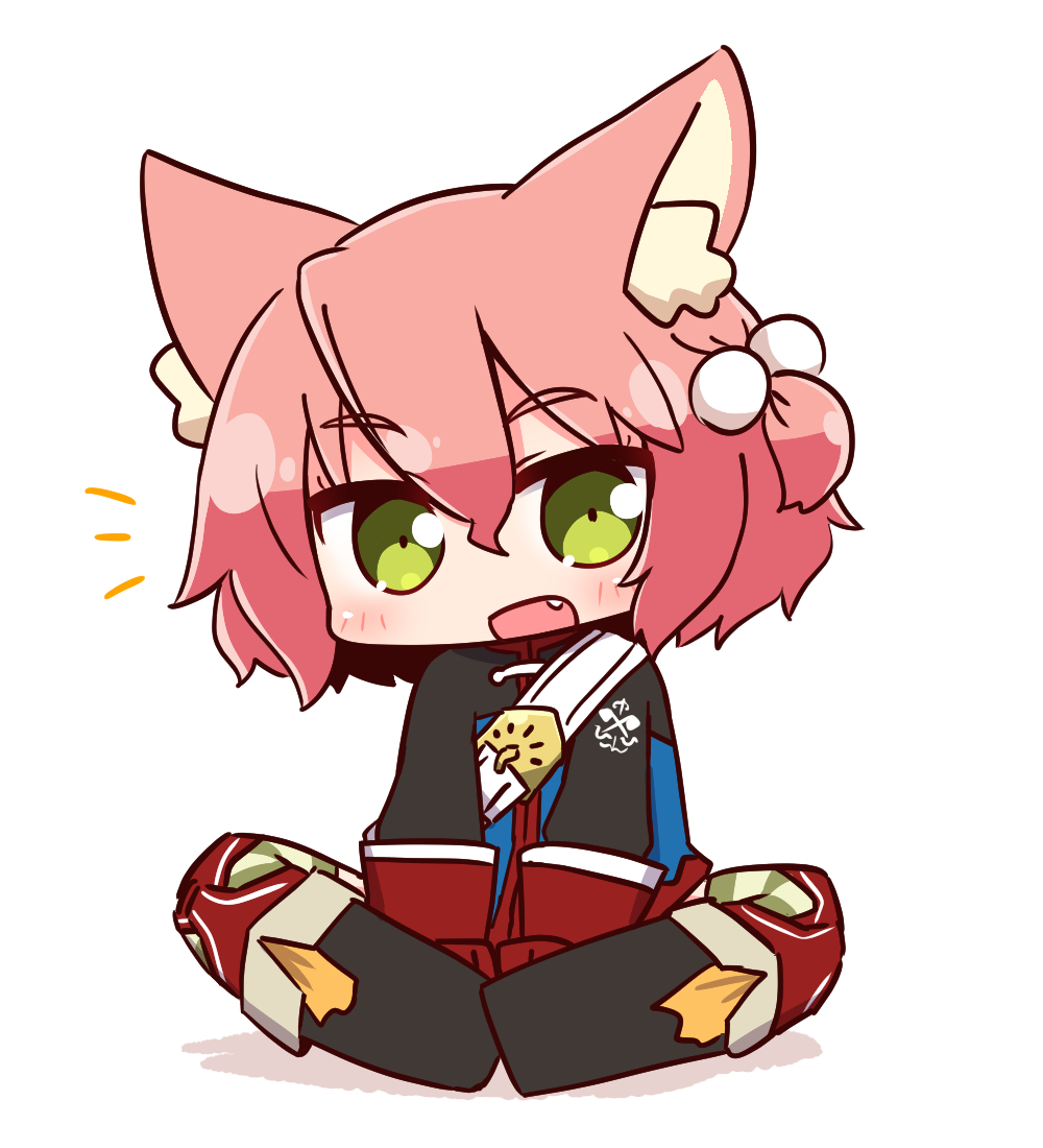 1girl 7th_dragon 7th_dragon_(series) :d animal_ear_fluff animal_ears bangs belt belt_buckle black_footwear blue_jacket blush boots buckle cat_ears chibi eyebrows_visible_through_hair fang full_body gloves green_eyes hair_between_eyes hair_bobbles hair_ornament harukara_(7th_dragon) jacket knee_boots long_sleeves looking_at_viewer naga_u notice_lines one_side_up open_mouth pink_hair red_gloves shadow sitting smile solo striped striped_legwear thighhighs thighhighs_under_boots white_background white_belt