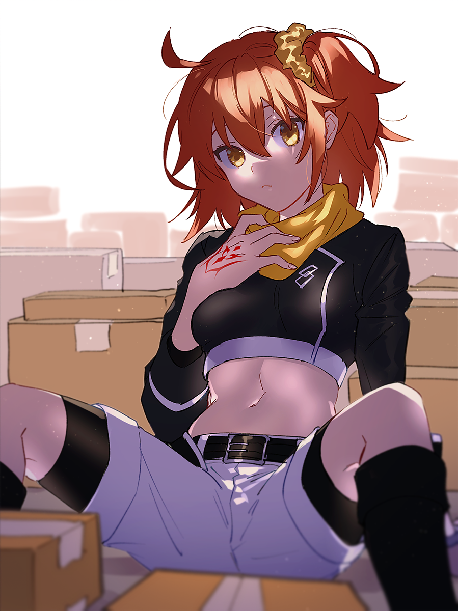 1girl ahoge arm_support bangs bike_shorts black_footwear black_shorts blurry blurry_background boots closed_mouth commentary_request crop_top dust_particles fate/grand_order fate_(series) fujimaru_ritsuka_(female) hair_between_eyes hair_ornament hair_scrunchie highres knee_boots leaning_back long_sleeves looking_at_viewer midriff navel one_side_up orange_hair scrunchie short_hair short_shorts shorts shorts_under_shorts sitting solo stomach true_ether_chaldea_uniform uni_(nico02) white_background white_shorts yellow_eyes yellow_scrunchie