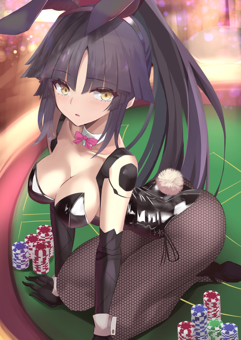 1girl animal_ears ass bangs bare_shoulders black_hair black_leotard blush bow bowtie breasts bunny_ears bunny_girl bunny_tail bunnysuit casino cleavage collarbone detached_collar fate/grand_order fate_(series) fishnet_legwear fishnets high_ponytail highleg highleg_leotard katou_danzou_(fate/grand_order) kesoshirou large_breasts leaning_forward leotard long_hair looking_at_viewer mechanical_arm open_mouth pantyhose parted_bangs pink_neckwear poker_chip poker_table ponytail robot_joints seiza sidelocks sitting solo strapless strapless_leotard tail thighs wrist_cuffs yellow_eyes