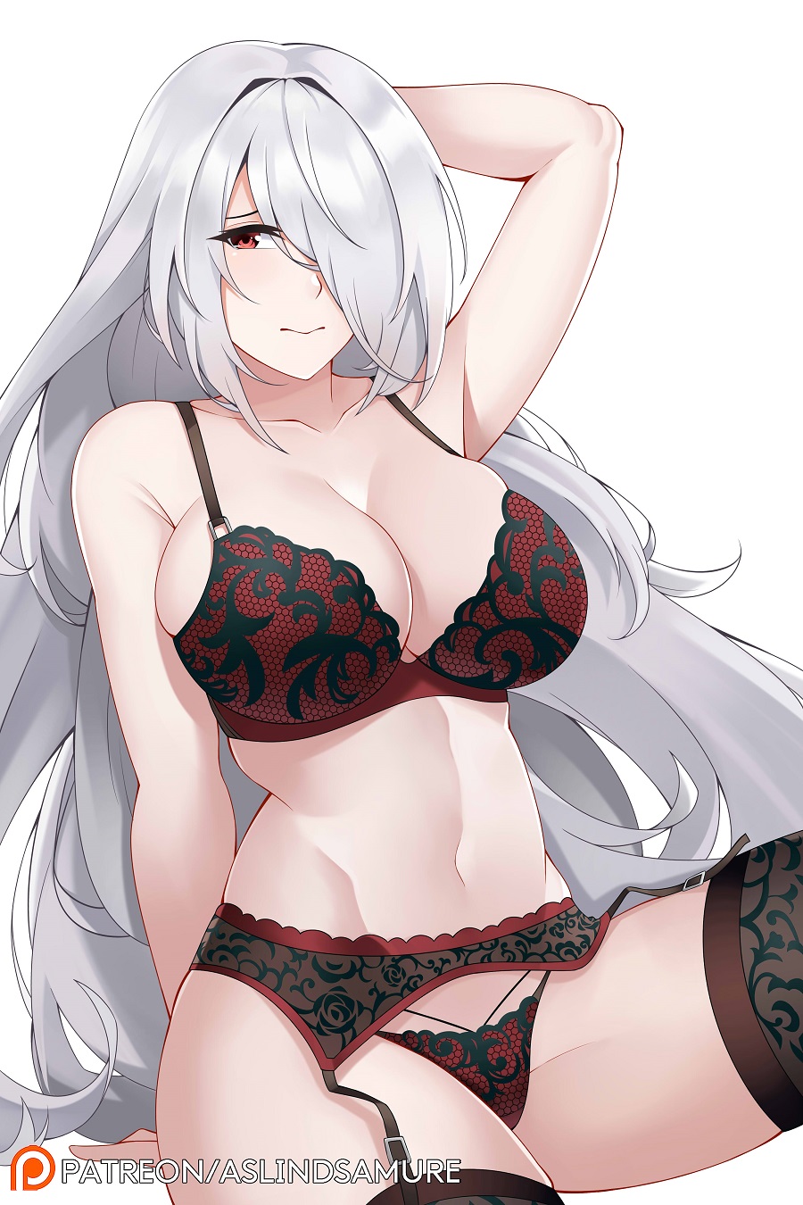 1girl arm_behind_head arm_up aslindsamure bangs banned_artist bare_shoulders black_legwear blush bra breasts cleavage closed_mouth collarbone garter_belt girls_frontline highres large_breasts long_hair looking_at_viewer navel panties pk_(girls_frontline) red_bra red_eyes red_panties silver_hair simple_background solo thighhighs thighs underwear very_long_hair white_background