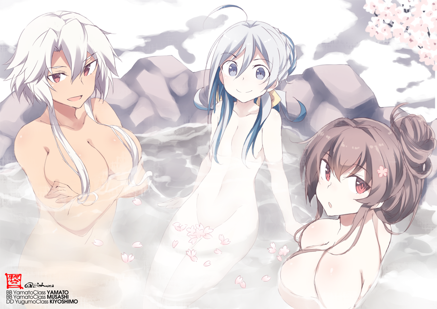 3girls ahoge breast_hold breasts brown_eyes brown_hair cherry_blossoms commentary_request crossed_arms eyebrows_visible_through_hair flat_chest grey_eyes grey_hair groin hair_between_eyes hair_censor kantai_collection kiyoshimo_(kantai_collection) large_breasts long_hair multiple_girls musashi_(kantai_collection) navel onsen open_mouth partially_submerged petals petals_on_liquid red_eyes rock sidelocks silver_hair smile souji water yamato_(kantai_collection)