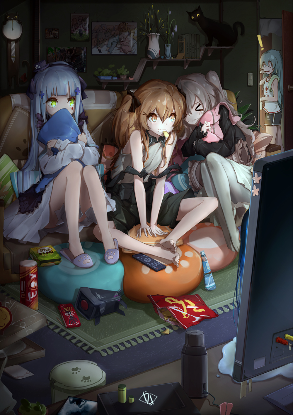 ! 404_(girls_frontline) 4girls alternate_costume bangs blunt_bangs blush breasts brown_eyes brown_hair brushing_teeth cat commentary_request dinergate_(girls_frontline) eyebrows_visible_through_hair facial_mark g11_(girls_frontline) girls_frontline green_eyes grey_hair hair_between_eyes hair_ornament highres hk416_(girls_frontline) indoors long_hair mouth_hold multiple_girls o_o object_hug one_side_up pantyhose parody pillow pillow_hug renze_l revision scar scar_across_eye shirt silver_hair sitting smile stuffed_toy teardrop television the_ring twintails ump45_(girls_frontline) ump9_(girls_frontline) very_long_hair watching_television wavy_mouth younger