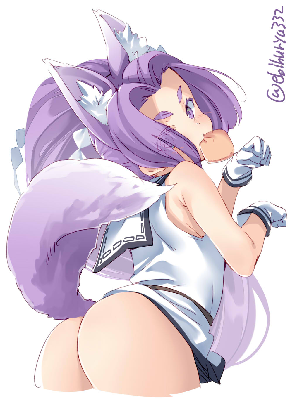 1girl aburaage animal_ears ass cropped_legs dress ebifurya food fox_ears fox_tail gloves hatsuharu_(kantai_collection) highres hikimayu kantai_collection long_hair mouth_hold ponytail purple_eyes purple_hair remodel_(kantai_collection) sailor_dress shide simple_background sleeveless solo tail twitter_username very_long_hair white_background white_dress white_gloves