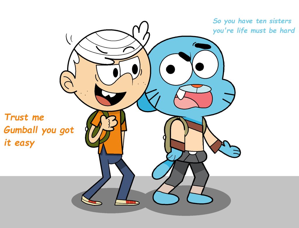 backpack black_eyes blue_body cartoon_network clothing crossover domestic_cat dominicd2009 english_text felid feline felis freckles gumball_watterson hair human lincoln_loud male mammal nickelodeon open_mouth teeth text the_amazing_world_of_gumball the_loud_house walking white_hair young